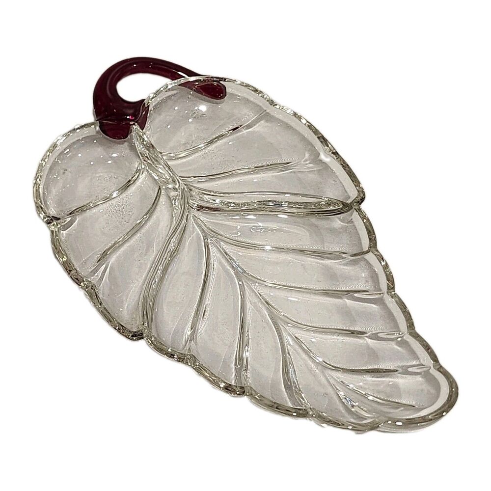 Vintage 12" Glass Leaf Dish Red Stem